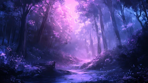 Enchanted forest cathedral with bioluminescent canopy and phosphorescent stream.