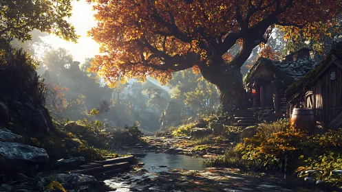 Rural forest path with stream and rustic wooden cottages.