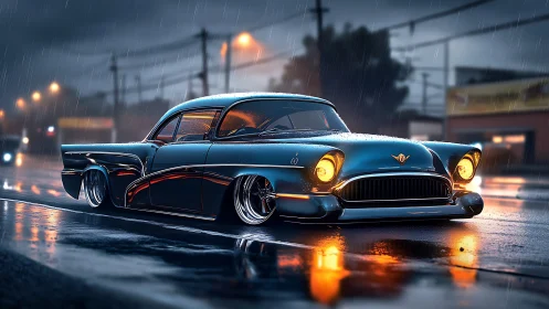 Moody classic car glows softly on a rainy city street