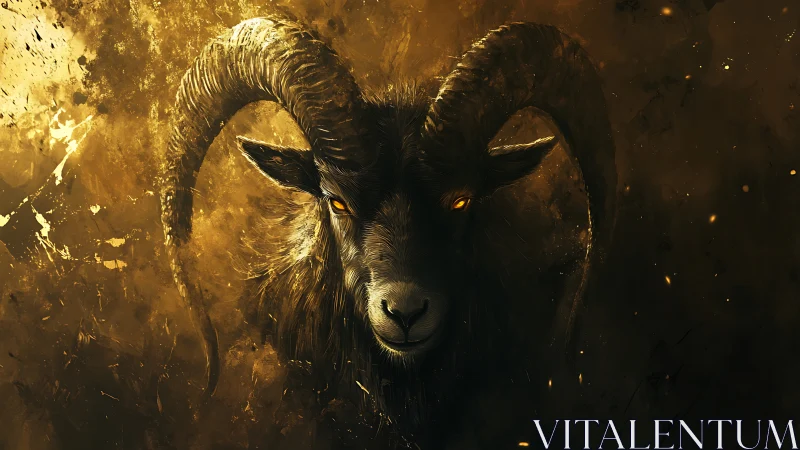 Luminous horned goat emerging from turbulent ochre nebula.