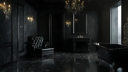Luxurious black marble bathroom with softly glowing chandeliers.