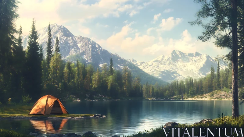 Solitary ember tent beneath whispering alpine giants.