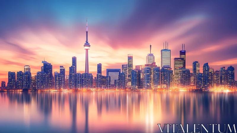 Digital painting skyline with luminous waterfront reflections.