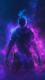 Hooded futuristic warrior stands in neon smoke haze