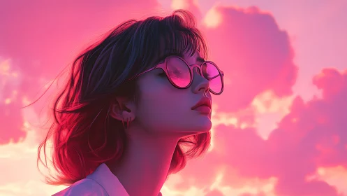 Profile of woman in sunglasses against pink cloud sky.
