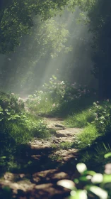 Sunlit forest path whispers softly through green shadows