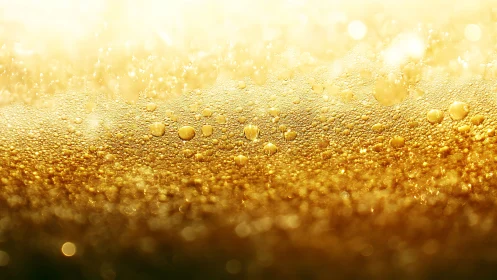 Golden liquid surface shows dense sparkling bubbles layer