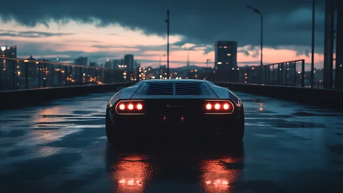 Midnight supercar idles on a rain-glossed rooftop cityscape.