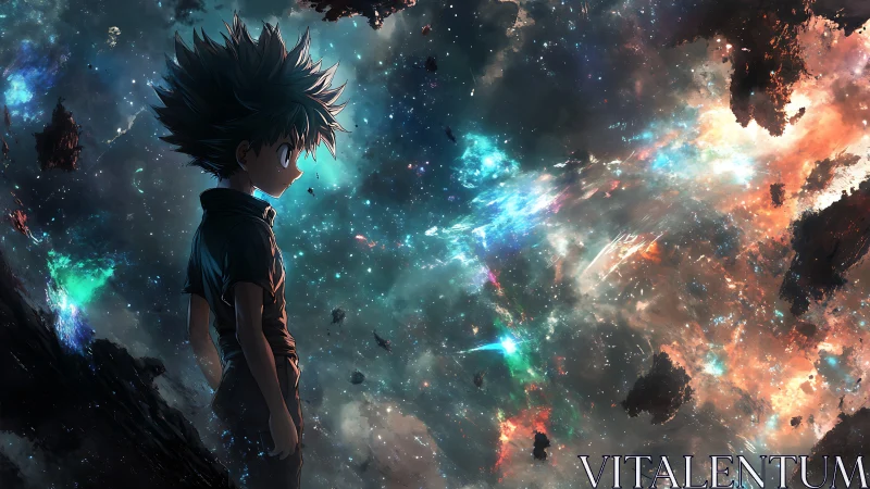 Celestial anime silhouette against nebular cosmic expanse.