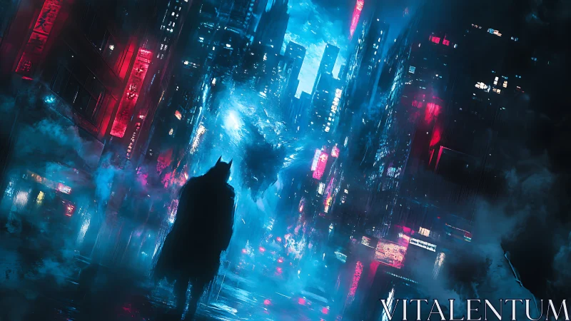 Lone hero walks through neon mist in a stormy cyber city.