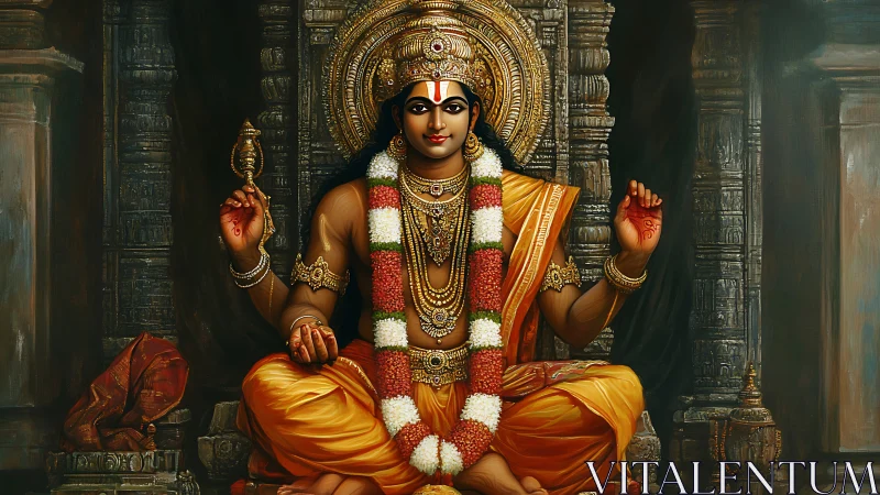 Golden temple deity in serene, jewel-bright splendor.