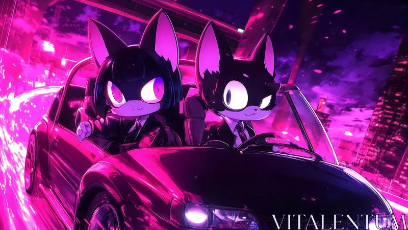 Neon cat agents driving night city highway in suits.