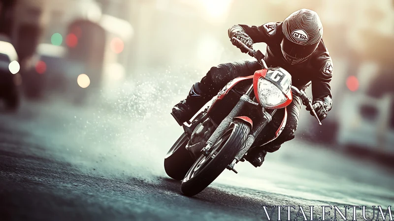 Street racer carves liquid light through a rainy city sprint