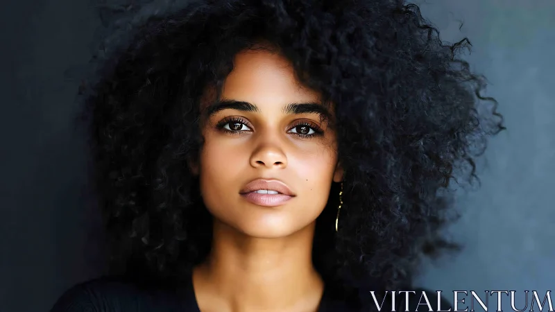 Confident woman with natural curly hair in a modern portrait.