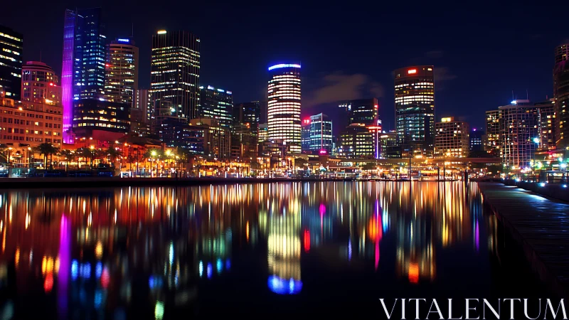 Neon-lit harbor skyline mirrored across calm night water.