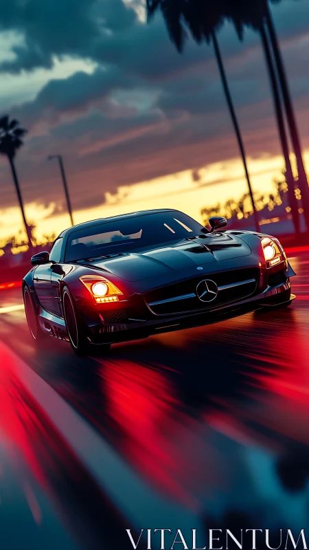 Midnight boulevard racer slicing neon sunset streets.