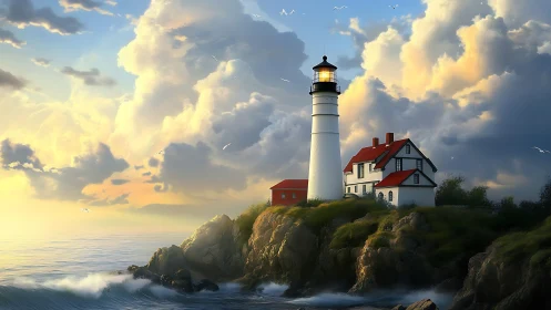 Coastal Lighthouse on Rocky Cliff at Golden Hour