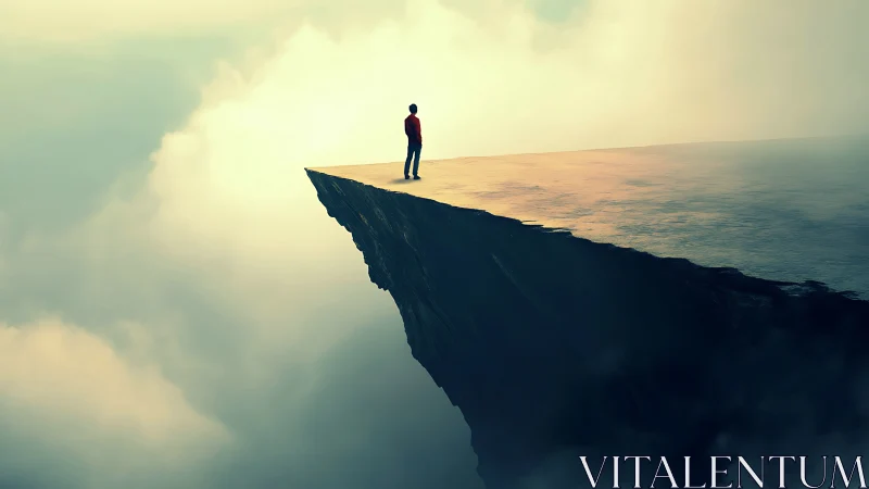 Solitary figure studies horizon from misty cliff edge.