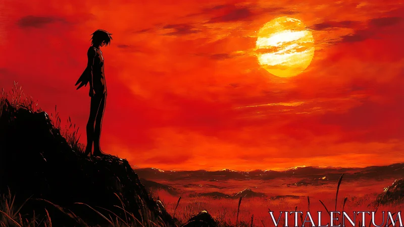 Solitary silhouette under a burning crimson horizon sun.