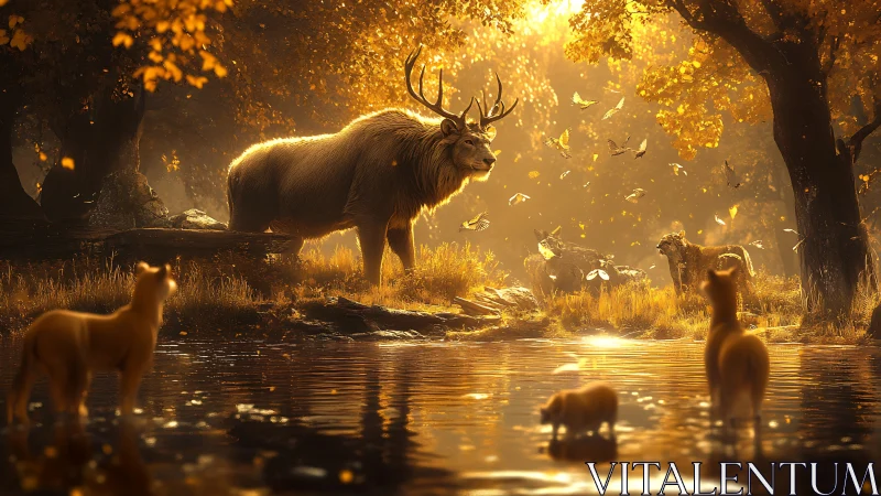 Golden forest gathering with gentle deer, big cats and light.