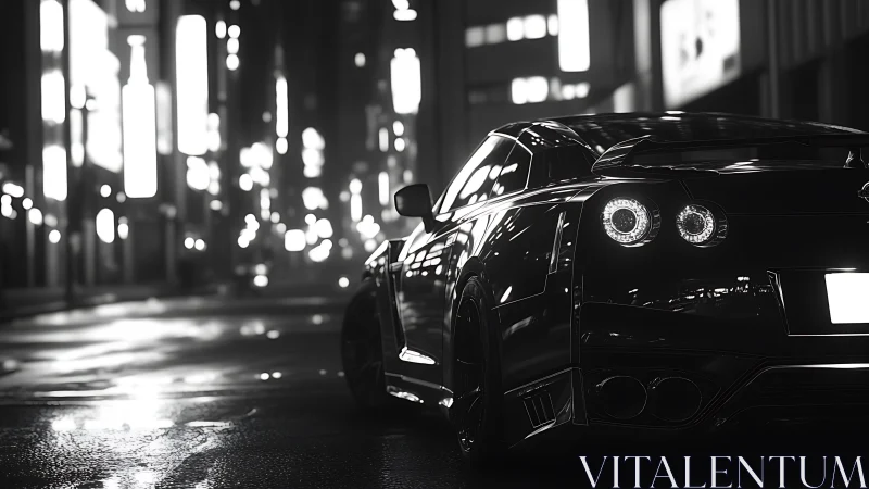 Midnight supercar reflects neon rain along empty street.