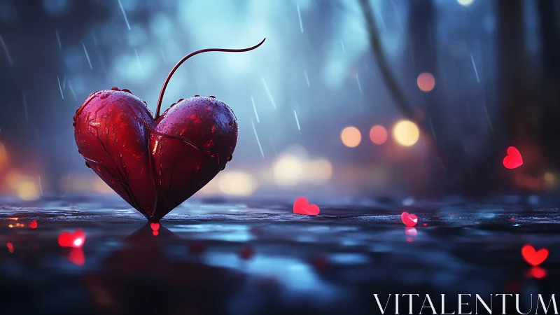 Luminescent Cherry Heart: Digital Still Life in Rain.