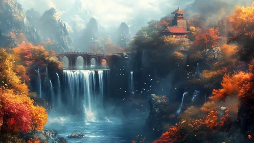 Autumnal mountain waterfall with pagoda and stone bridge