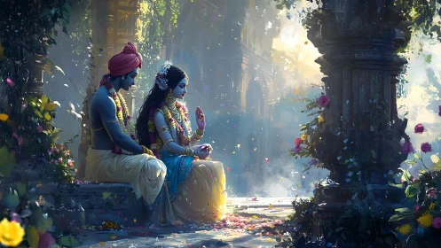 Luminous divine lovers in a blossom‑strewn temple courtyard.