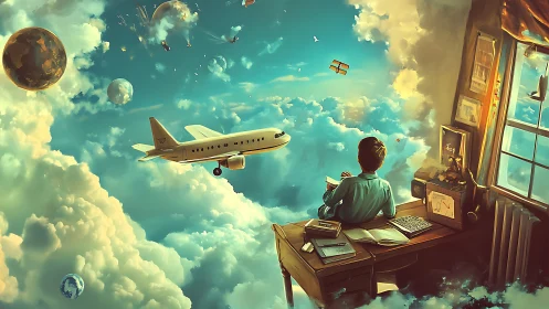 Boy at desk observing airplanes in surreal sky environment.