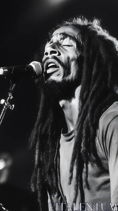 Soul-lit reggae singer in monochrome spotlight rapture.