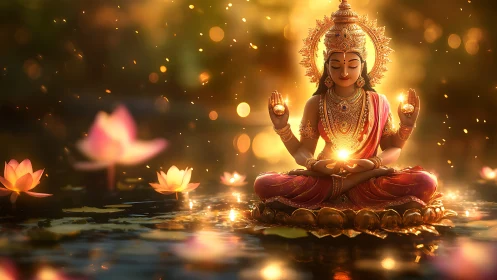 Hindu goddess figure in lotus pose on reflective water surface.