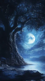 Ancient moonlit tree towers over still blue lakeshore