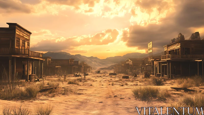 Deserted western street under blazing sunset sky.