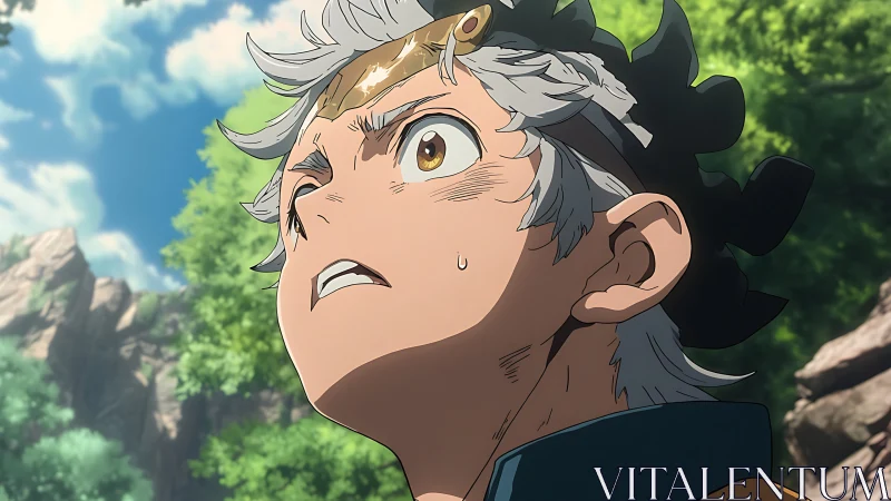 Determined anime boy looks upward under bright forest sky