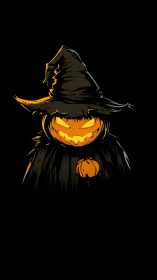 Stylized witch-hat jack-o’-lantern character on black field.