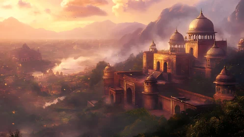 Sunlit domed citadel above misted river valley at dusk.