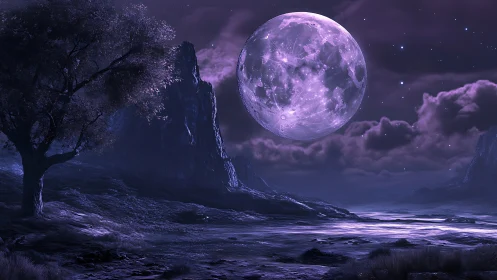 Violet-toned rocky landscape under large luminous moon.