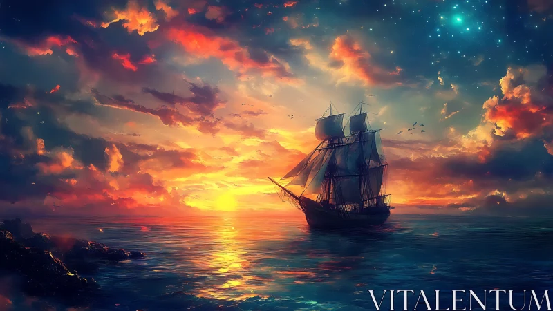 Starlit galleon glides beneath a blazing dreamfire sunset.