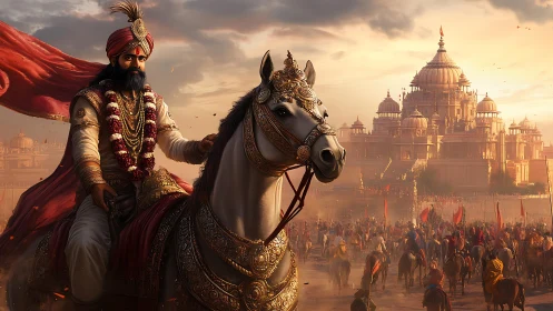 Mounted ruler in ornate armor approaches domed palace complex