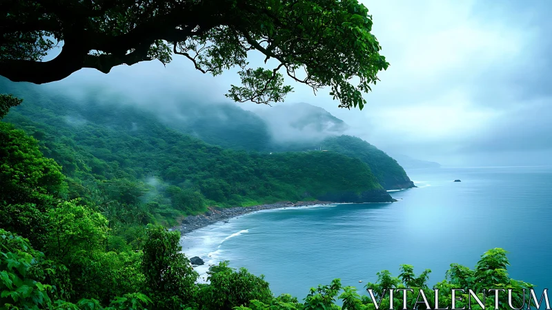 Misty emerald coastline wrapped in tranquil blue waters.