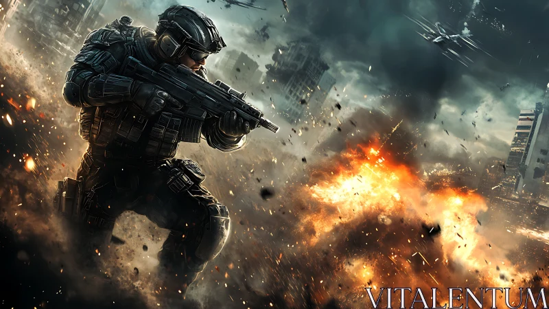 Ballistic urban assault with armored infantry in detonation field.