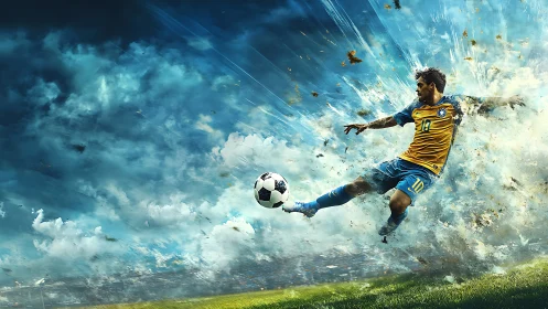 Dynamic soccer player kicking ball in explosive motion art.