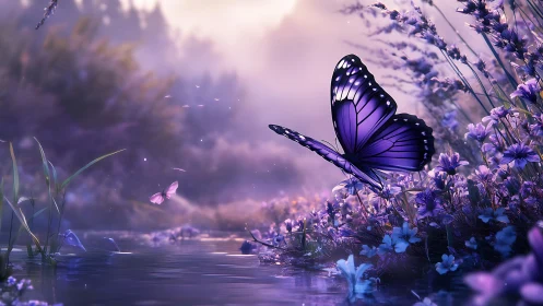 Enchanting Purple Butterfly in Dreamy Floral Meadow at Sunset.