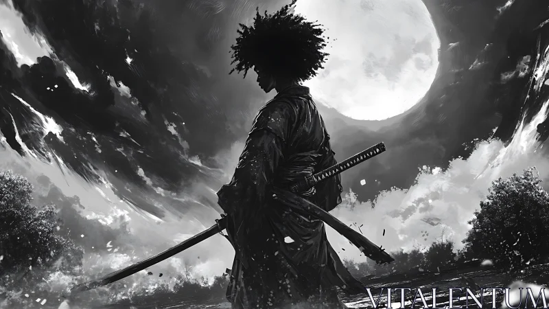 Monochrome samurai silhouette under a dramatic full moon.
