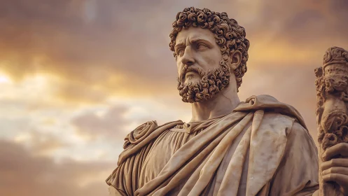 Marble statue of robed bearded man stands against sunset sky