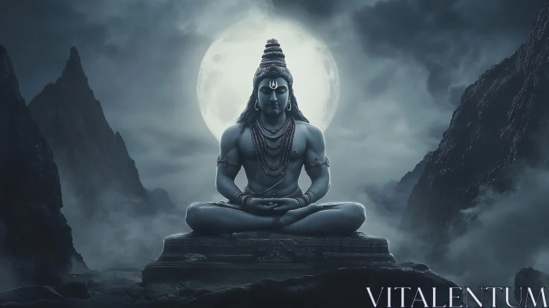 Seated deity sculpture before full moon in mountain valley.