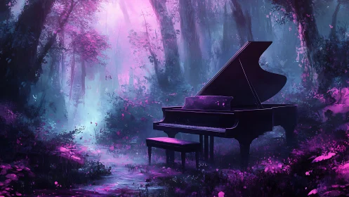 Grand piano in bioluminescent magenta and cyan forestscape.