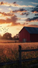 Sunlit red barn cradled in glowing fields at day’s farewell.