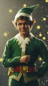 Festive elf character smiles in glowing holiday portrait.
