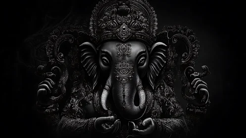 Intricately carved dark Ganesh icon in luminous relief.
